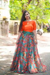 Blue Orange floral organza lehenga