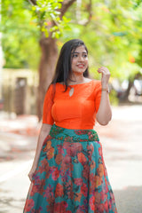 Blue Orange floral organza lehenga