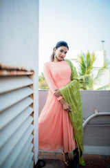 Orange plain Georgette anarkali with green dupatta