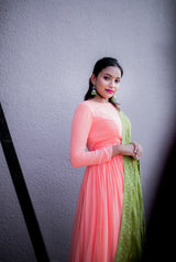Orange plain Georgette anarkali with green dupatta