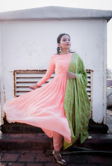 Orange plain Georgette anarkali with green dupatta