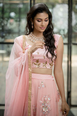 Peach Hand embroidered net lehenga