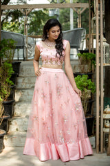 Peach Hand embroidered net lehenga