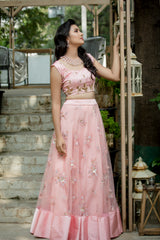 Peach Hand embroidered net lehenga