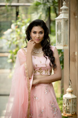 Peach Hand embroidered net lehenga