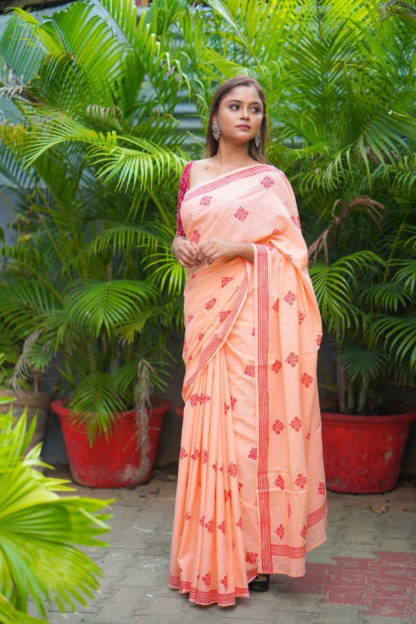 Peach and Red mul cotton block printed saree