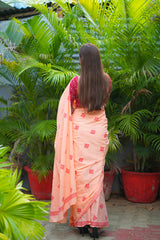 Peach and Red mul cotton block printed saree