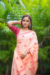 Peach and Red mul cotton block printed saree