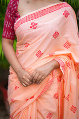 Peach and Red mul cotton block printed saree