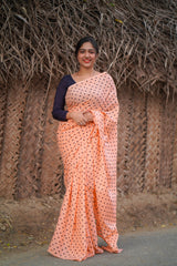 Peach mul cotton block printed saree