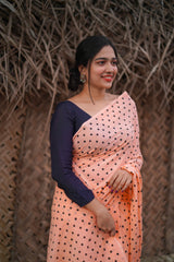 Peach mul cotton block printed saree