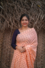 Peach mul cotton block printed saree