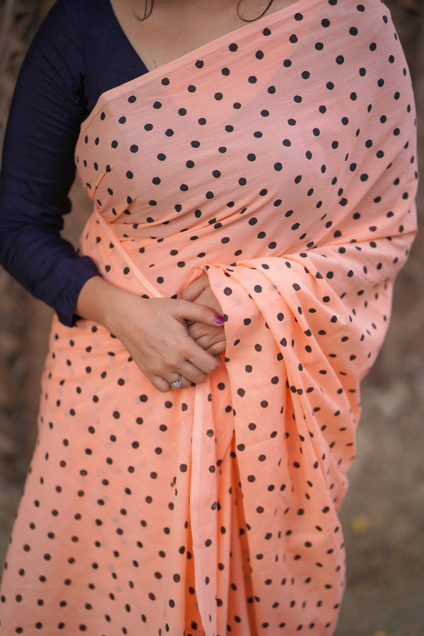 Peach mul cotton block printed saree