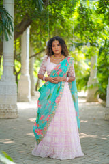 Pink Blue Self Embroidery lehenga