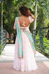 Pink Blue Self Embroidery lehenga