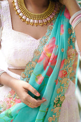 Pink Blue Self Embroidery lehenga