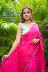 Pink & Blue mul cotton block printed saree