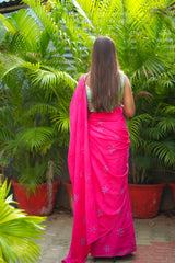 Pink & Blue mul cotton block printed saree