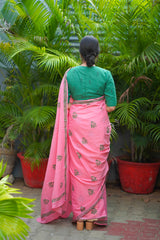 Pink & Green mul cotton block printed saree