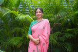 Pink & Green mul cotton block printed saree