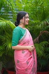 Pink & Green mul cotton block printed saree