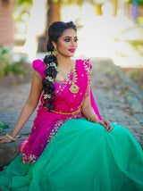 Pink Green Hand embroidered net lehenga
