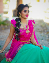 Pink Green Hand embroidered net lehenga