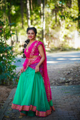 Pink Green Hand embroidered net lehenga