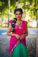 Pink Green Hand embroidered net lehenga