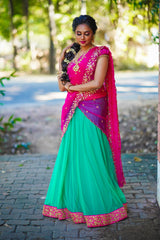 Pink Green Hand embroidered net lehenga