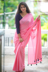 Pink mul cotton plain saree