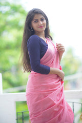 Pink mul cotton plain saree