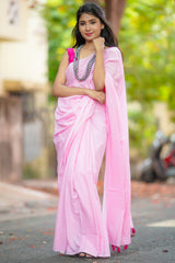 Pink mul cotton plain saree
