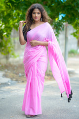 Pink mul cotton plain saree