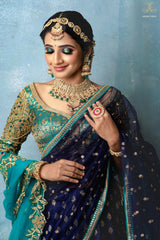 Peacock Blue Embroidery Banaras lehenga