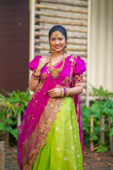 Purple Green Embroidery Silk lehenga