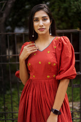 Red Embroidery Mul cotton dress (Top)