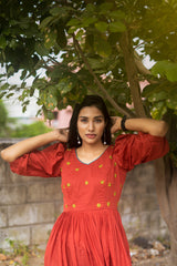 Red Embroidery Mul cotton dress (Top)
