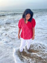 Red Wrap tamil font cotton short top