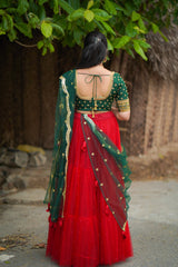 Green Marron pearl net embroidery lehenga