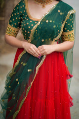Green Marron pearl net embroidery lehenga