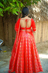 Red embroidery banaras lehenga