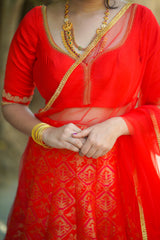 Red embroidery banaras lehenga