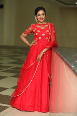 Red hand embroidery net anarkali