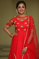 Red hand embroidery net anarkali
