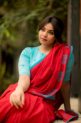 Red mul cotton block printed saree