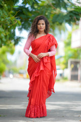 Red mul cotton ruffles saree