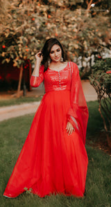 Red organza anarkali