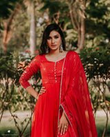Red organza anarkali