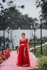 Red Hand embroidered organza lehenga - YoshnasByEla